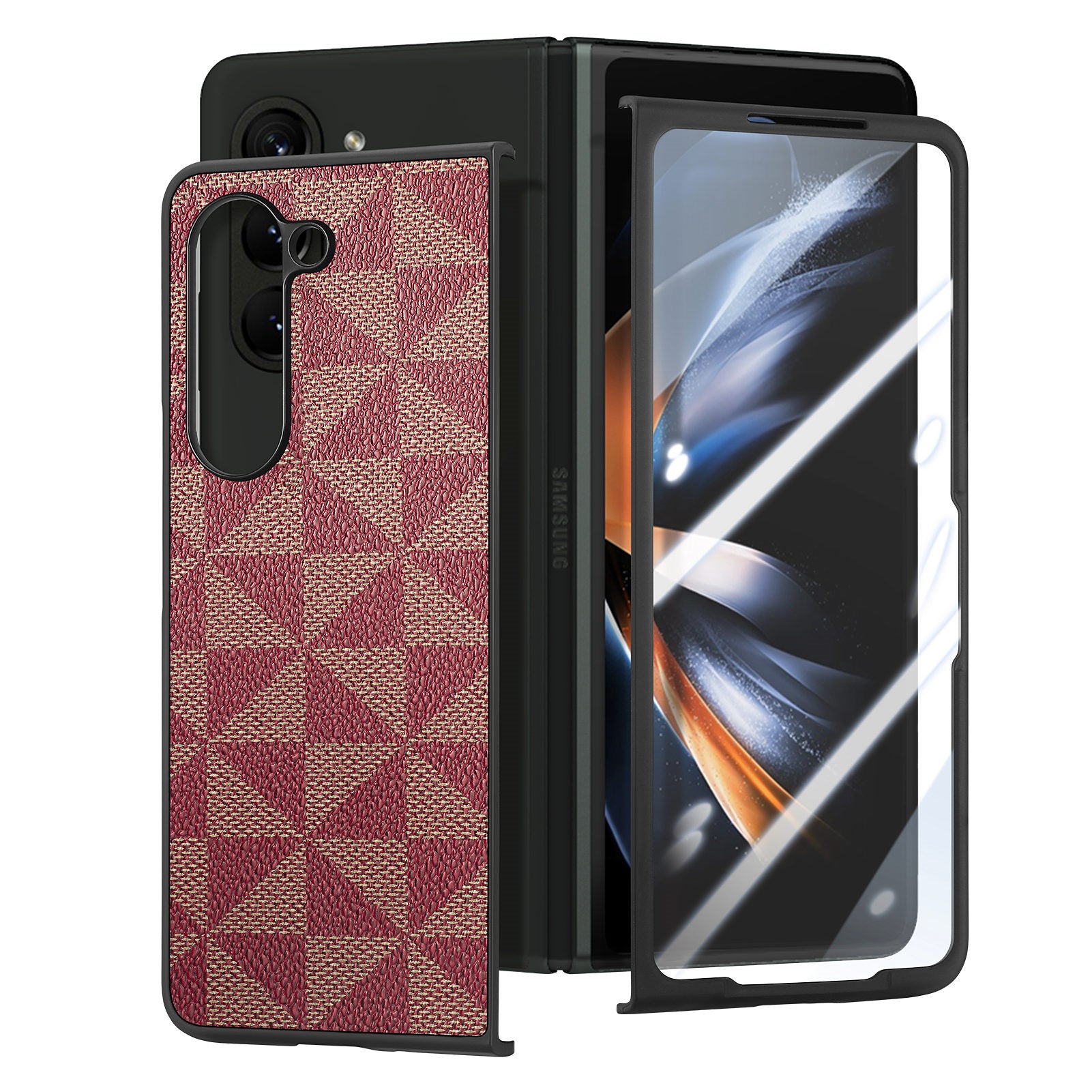 For Samsung Galaxy Z Fold5 5G PU Leather PC Phone Case Triangle Splicing Pattern Cover with Tempered Glass Film For Samsung Galaxy Z Fold5 5G PU Leather PC Phone Case Triangle Splicing Pattern Cover with Tempered Glass Film